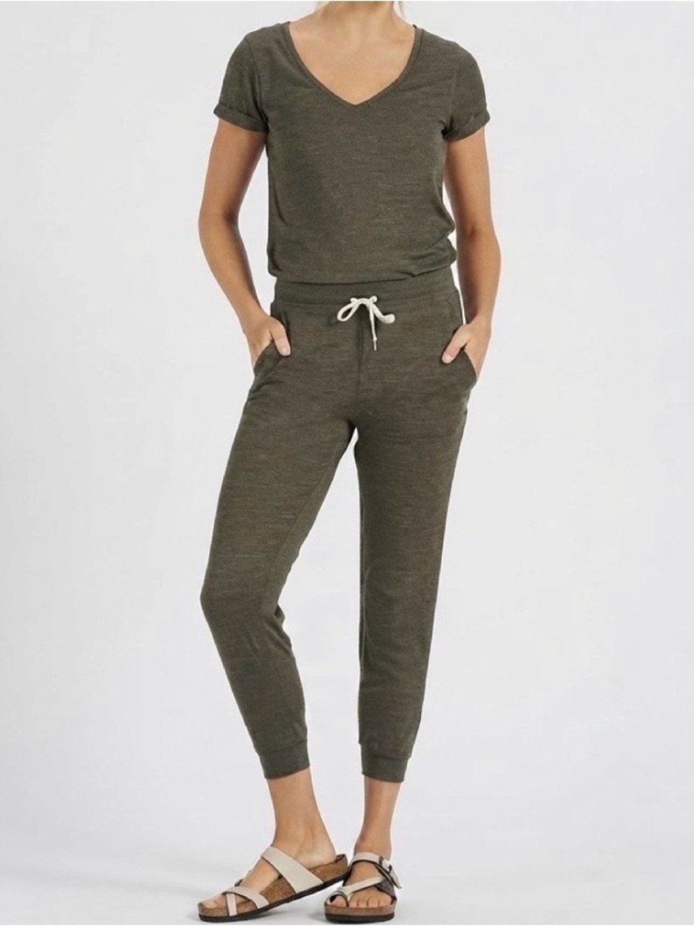 Vuori All Day Jumpsuit Green V-Neck Joggers Athleisure Loungewear Travel